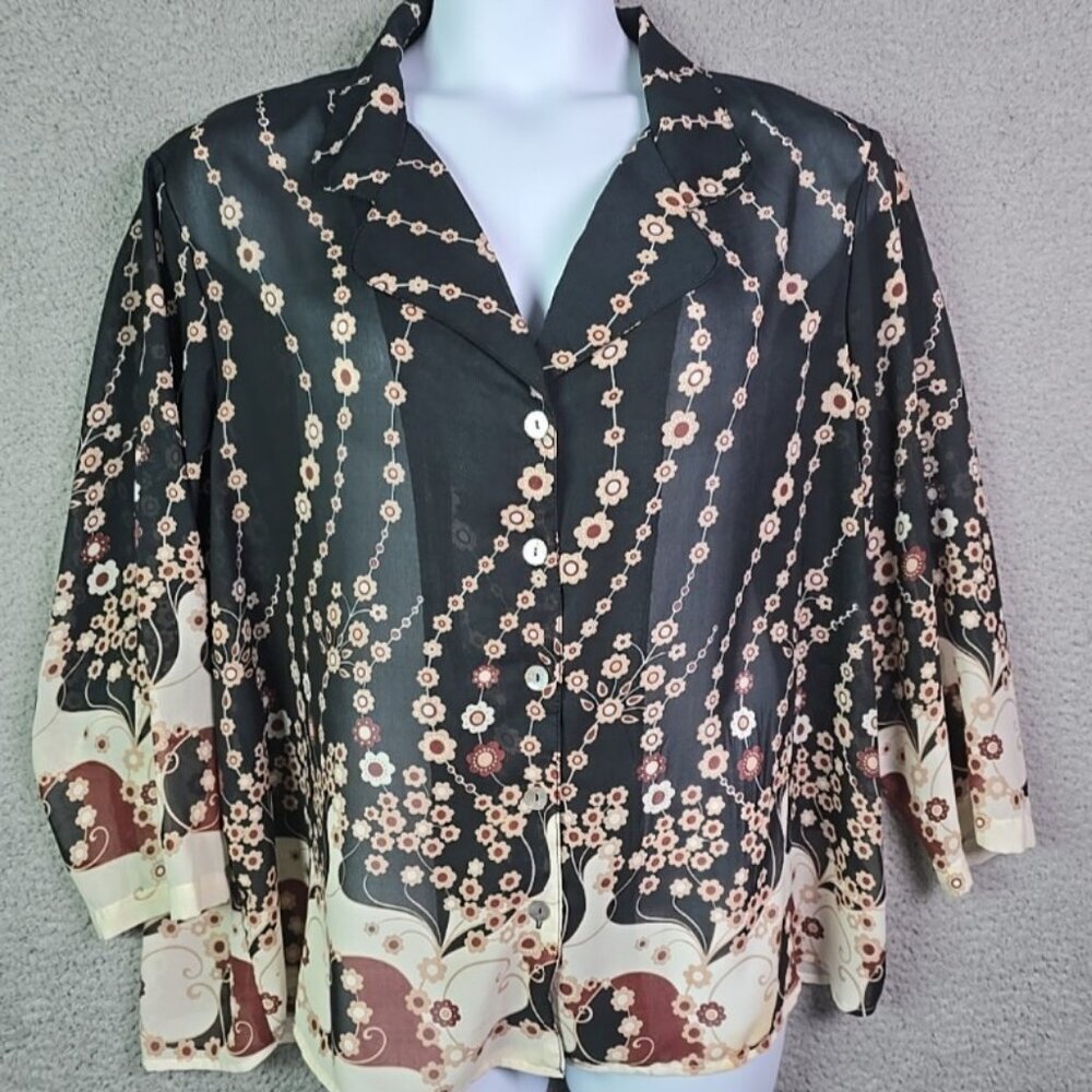 Molly Grace Brown Floral Sheer Slit Sleeve Shell Button Blouse 2X Bohemian